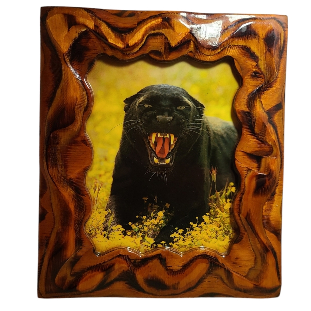 Vintage Black Panther Lacquered Wood Wall Art Wildcats Retro Home Decor 14x12